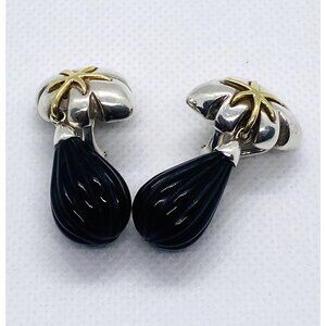 Tiffany & Co Sterling Silver & 18k Gold Ivy Carved Onyx Drop Earrings